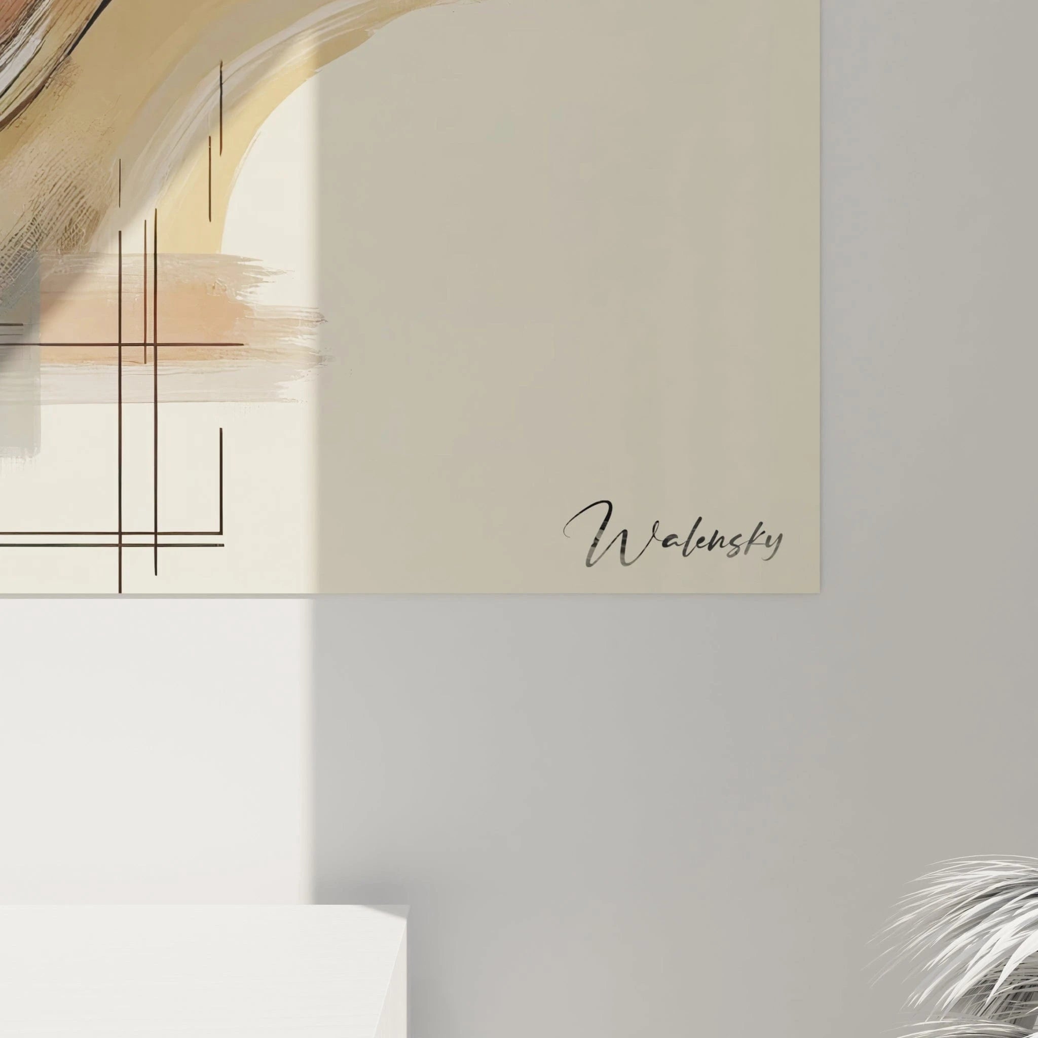 Un tableau abstrait de rubans entrelacés sur fond minimaliste. Utilise une palette restreinte de beige, noir, blanc et rose pâle. La texture présente des coups de pinceau fluides aux contours nets formant des ondulations qui traversent l'espace, complétés par des éléments graphiques subtils dont des cercles, des lignes droites et des surfaces texturées, créant une composition équilibrée entre éléments organiques et géométriques.