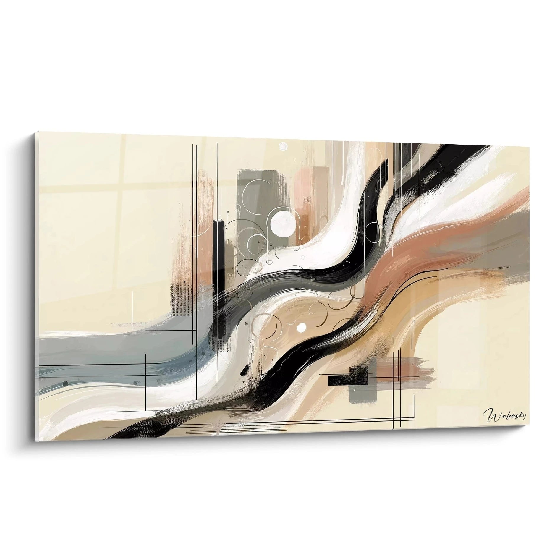 Un tableau abstrait de courbes ondulantes minimalistes. Dominé par des teintes beige crème, noir profond, blanc pur et pêche pâle. La texture présente des lignes fluides et sinueuses créant un mouvement dynamique horizontal, avec des éléments graphiques comme des cercles fins, des points blancs et des lignes droites géométriques qui contrastent avec les formes organiques principales.