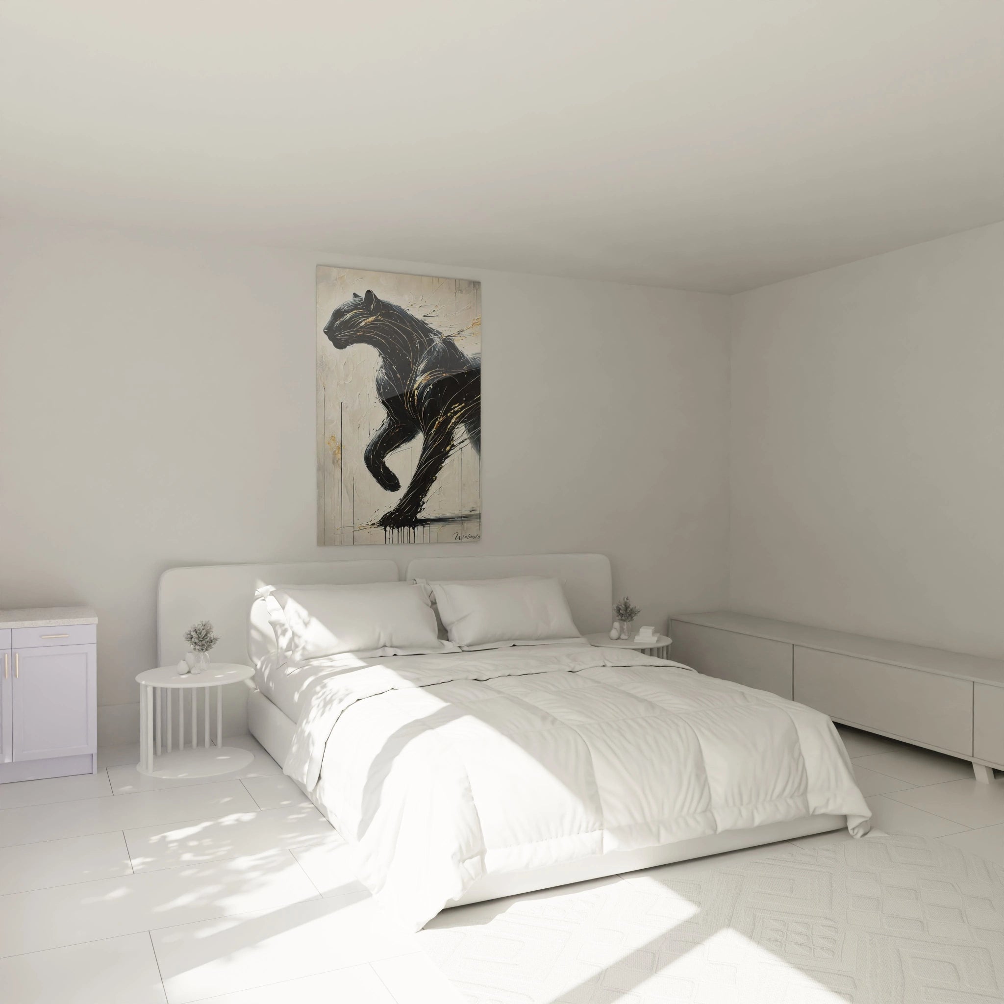 ce tableau panthere noire sublime une chambre moderne au-dessus d'un lit, apportant une touche de mystere et de raffinement grace a ses nuances dorees et son pelage elegant