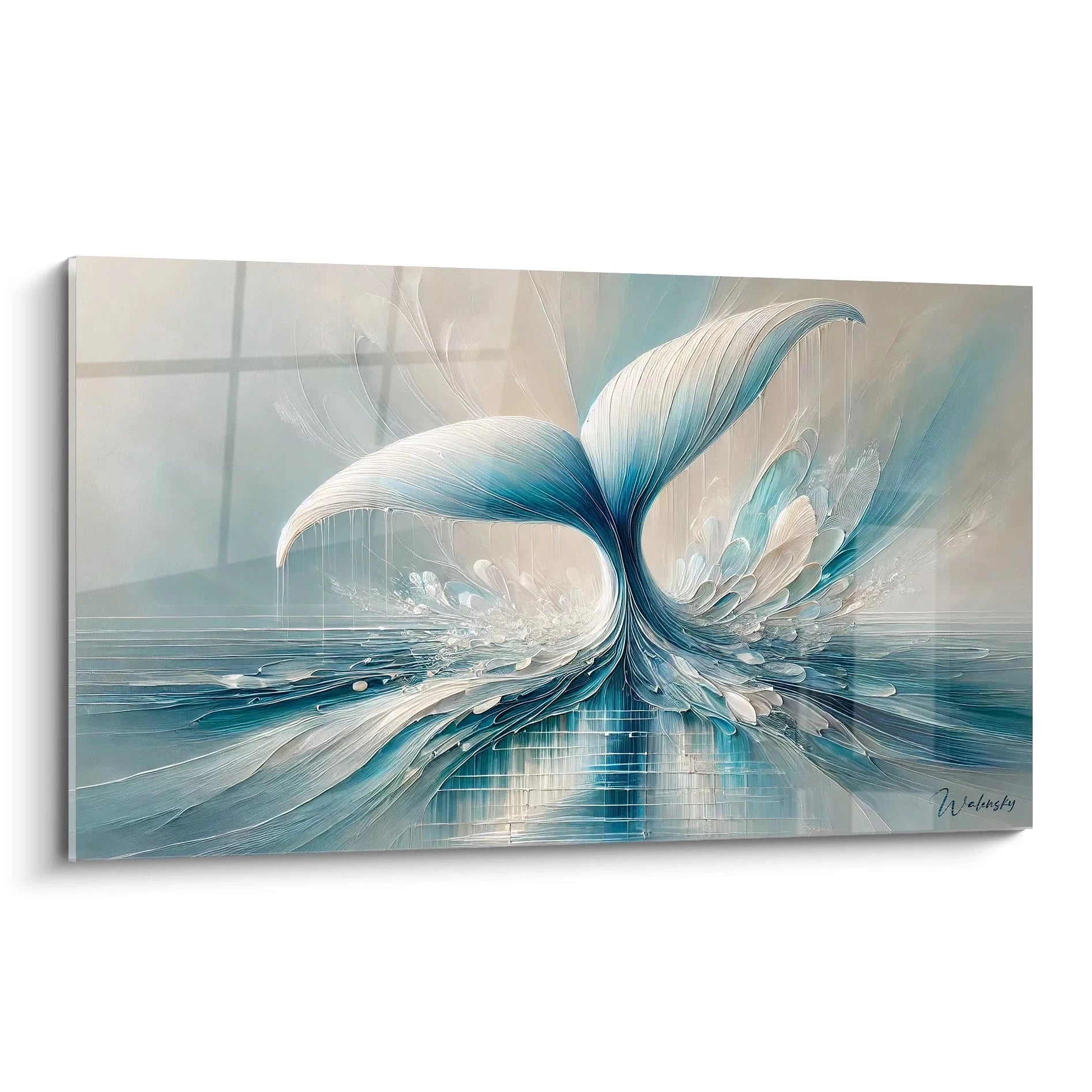 Ce tableau baleine, vu de biais, dévoile des détails subtils de la queue de baleine émergeant de l'eau. Idéal pour apporter une touche artistique à votre espace avec ses teintes marines apaisantes.