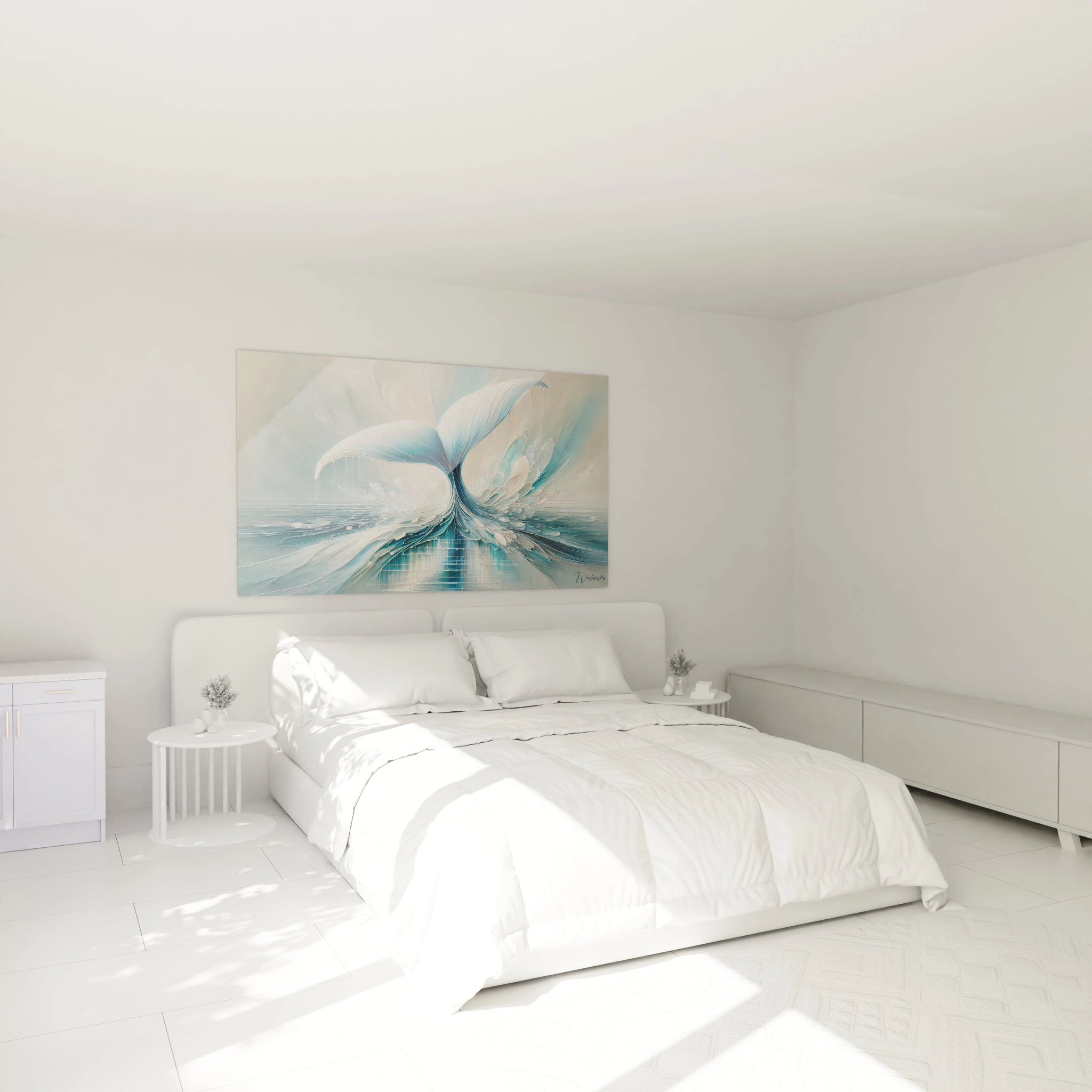 Transformez votre chambre en un espace zen avec ce tableau baleine accroché au-dessus du lit. Ses couleurs douces et son mouvement fluide créent une ambiance apaisante, parfaite pour la relaxation.