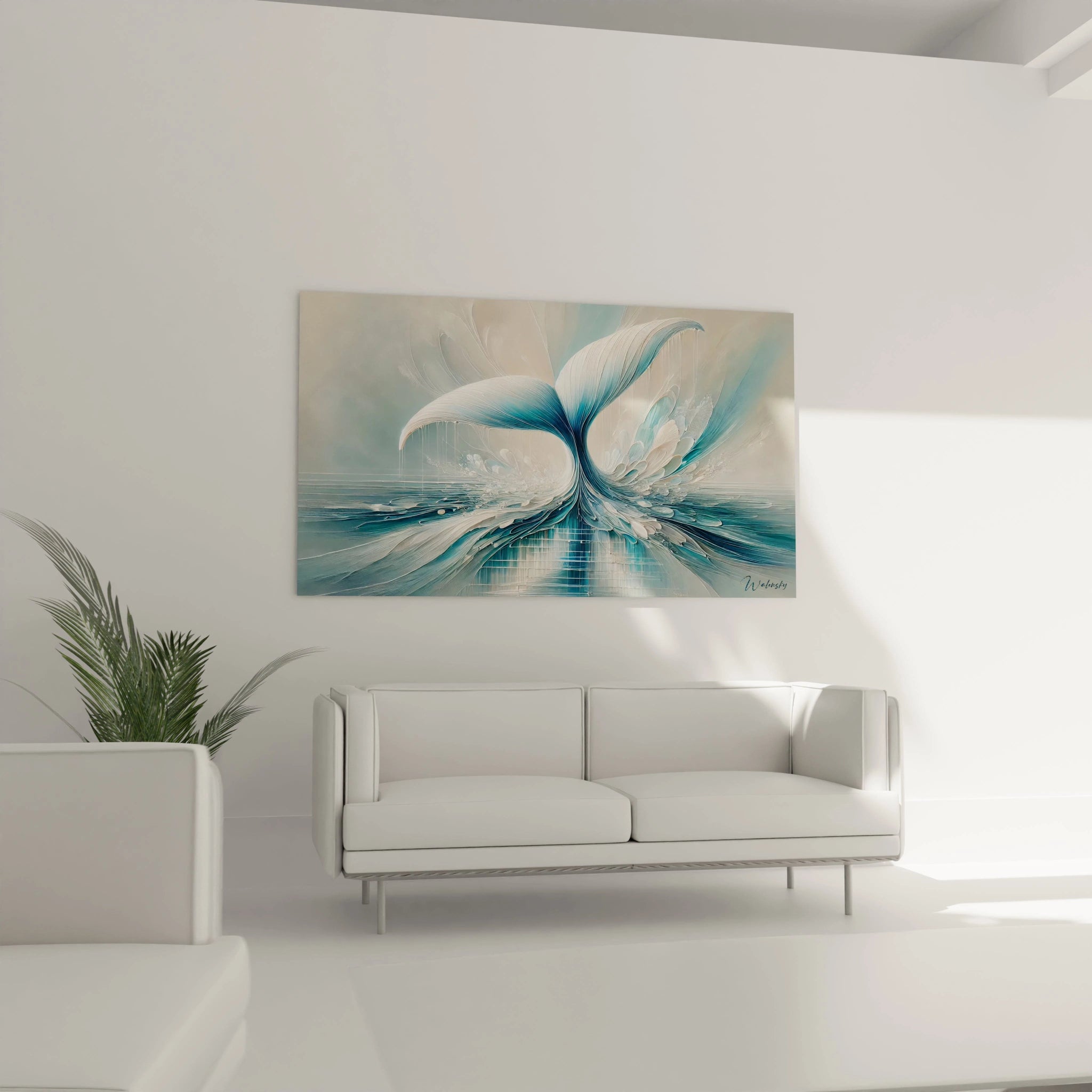 Ce tableau baleine suspendu au-dessus d'un canapé apporte une sensation de sérénité à votre salon. Sa représentation artistique capture l'élégance naturelle de l'océan dans un style moderne et épuré.