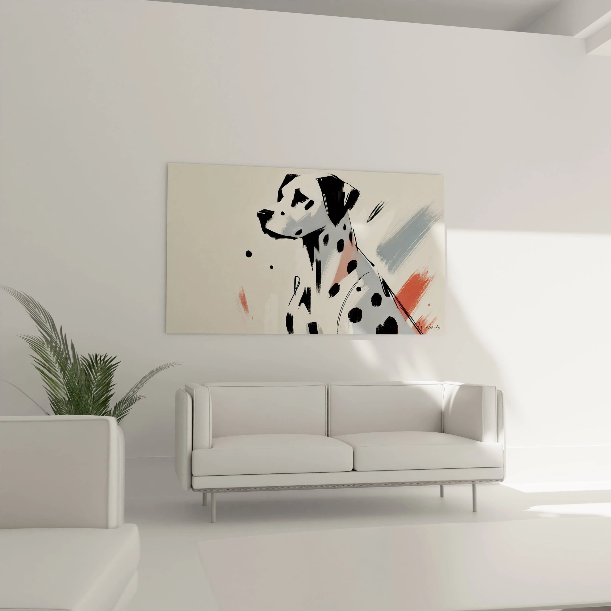 Apportez de l'élégance à votre salon avec ce tableau chien minimaliste. Accroché au-dessus du canapé, il complète harmonieusement un intérieur contemporain et épuré.