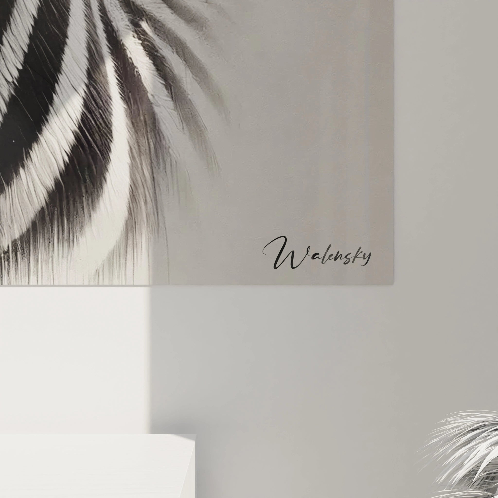 Vue de pres, ce tableau zebre dévoile ses details minutieux et l’intensité de son regard. L’effet de profondeur et de texture du pelage rayé capture l’essence sauvage dans une interpretation minimaliste et realiste.