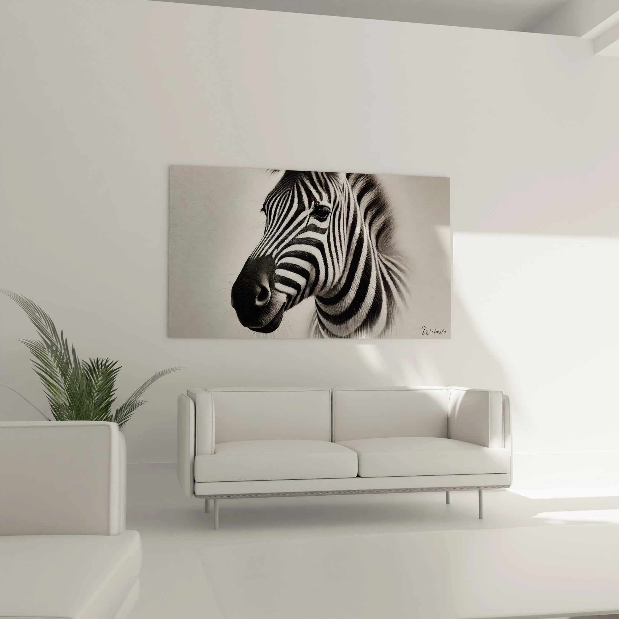 Ce tableau zebre apporte une élégance naturelle au salon, suspendu au-dessus du canapé. Le réalisme saisissant du zebre en noir et blanc crée un point focal apaisant et intemporel dans la pièce.