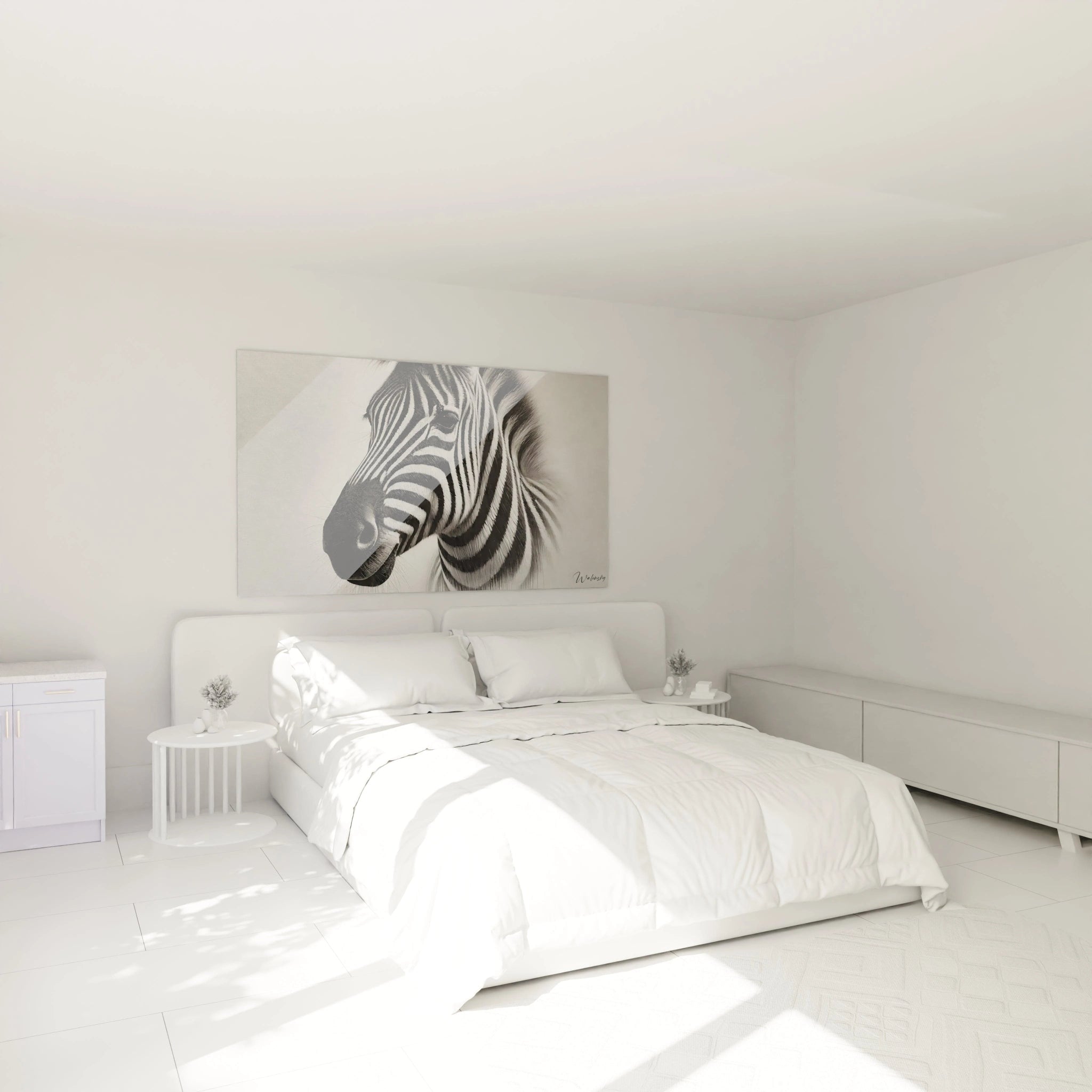 Le tableau zebre accroché au-dessus du lit transforme la chambre en un espace artistique moderne. Les rayures contrastées du zebre s'intègrent parfaitement dans une décoration contemporaine, ajoutant une touche sauvage apaisante.