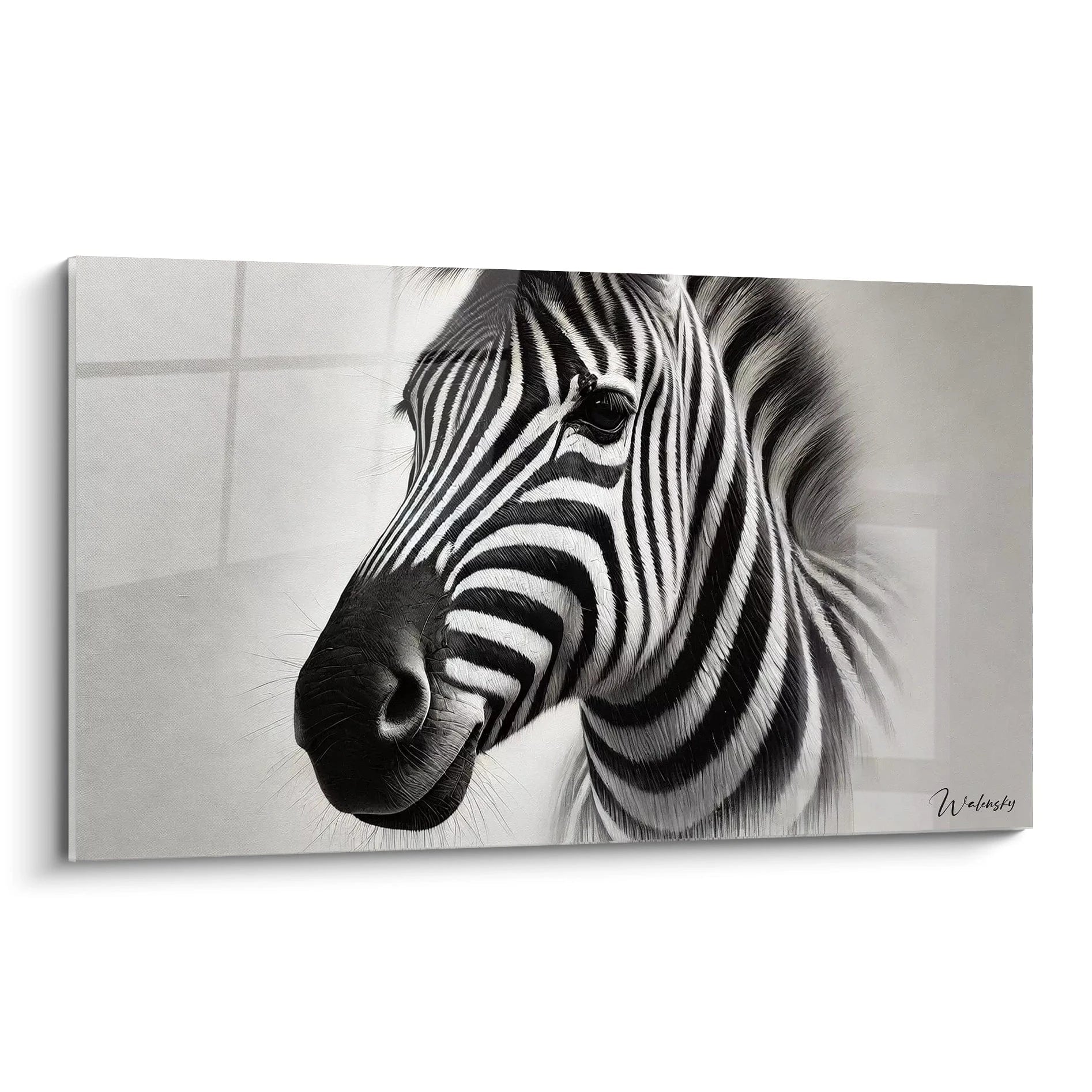 Admirez ce tableau zebre vu de biais, mettant en valeur les détails fascinants du pelage rayé. L'oeuvre en noir et blanc, minimaliste et élégante, capte la beauté sauvage du zebre dans une vision réaliste.