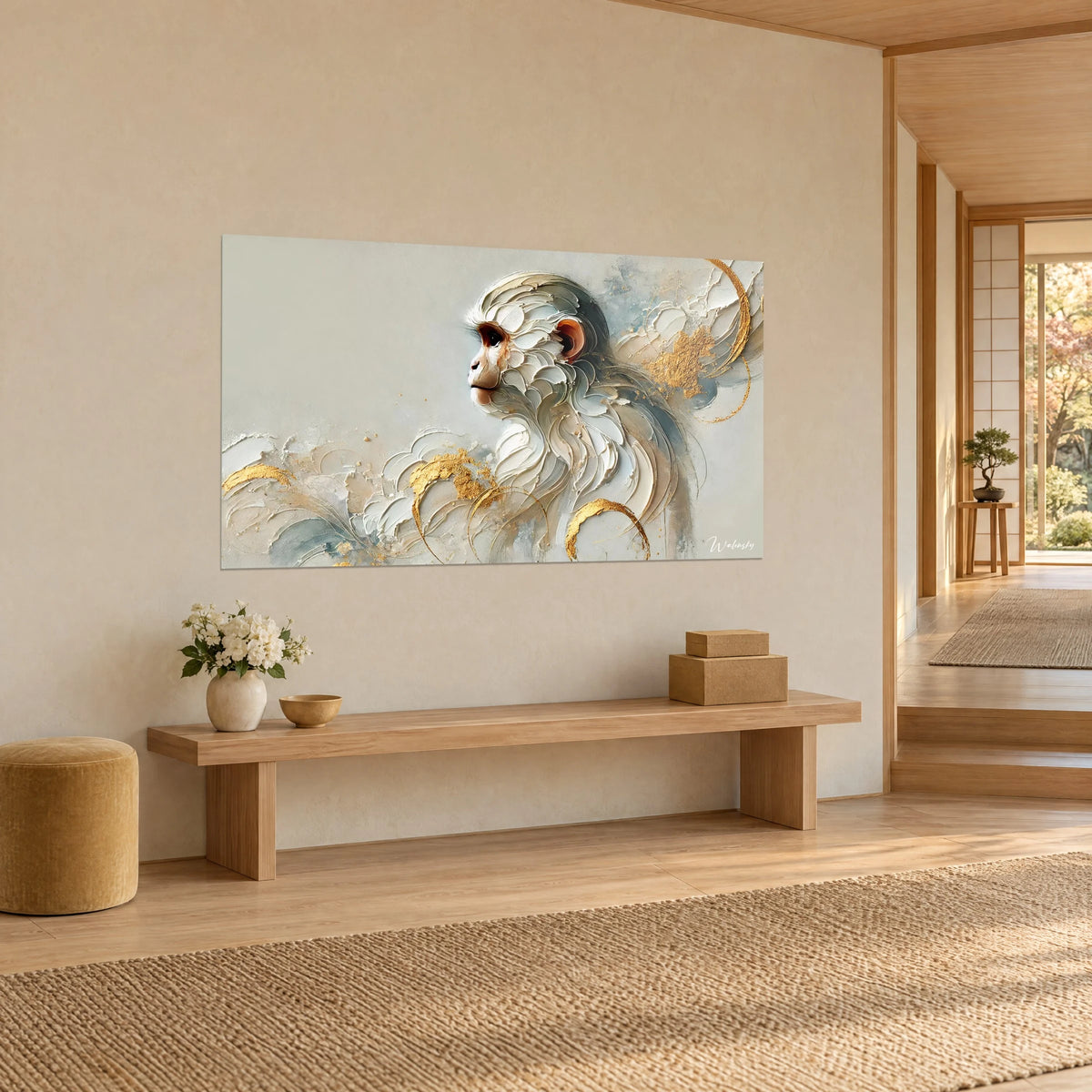 Tableau primate sculpté en coups de spatule blancs, anneaux dorés et fond beige pâle, banc en bois, vue de trois-quarts dans l'entrée