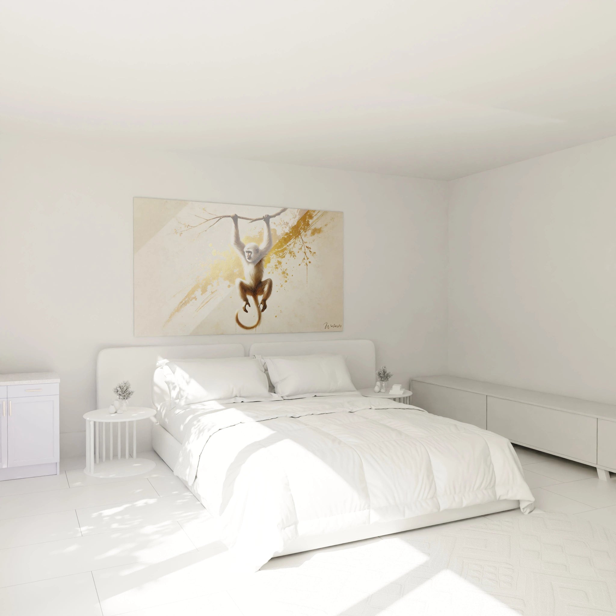 Dans cette chambre, le tableau singe accroché au-dessus du lit ajoute une touche de sophistication. Ses couleurs neutres et dorées créent une atmosphère apaisante et élégante.