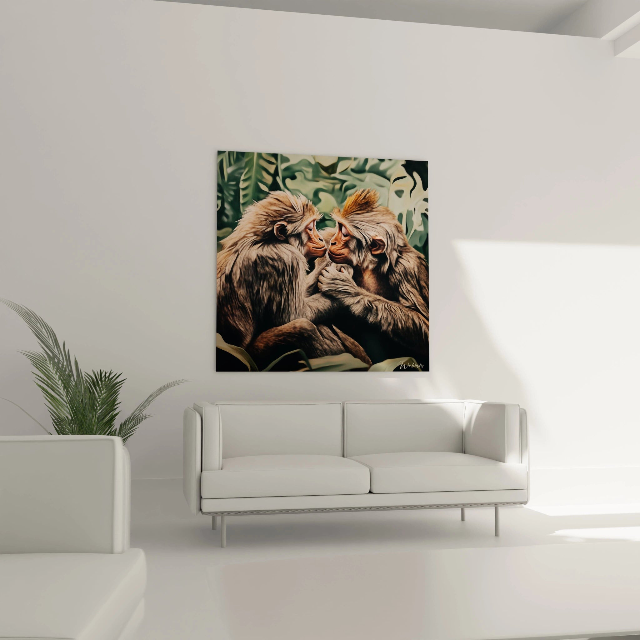 Tableau singe Walensky représentant deux singes proches dans une jungle au-dessus d'un canapé moderne blanc