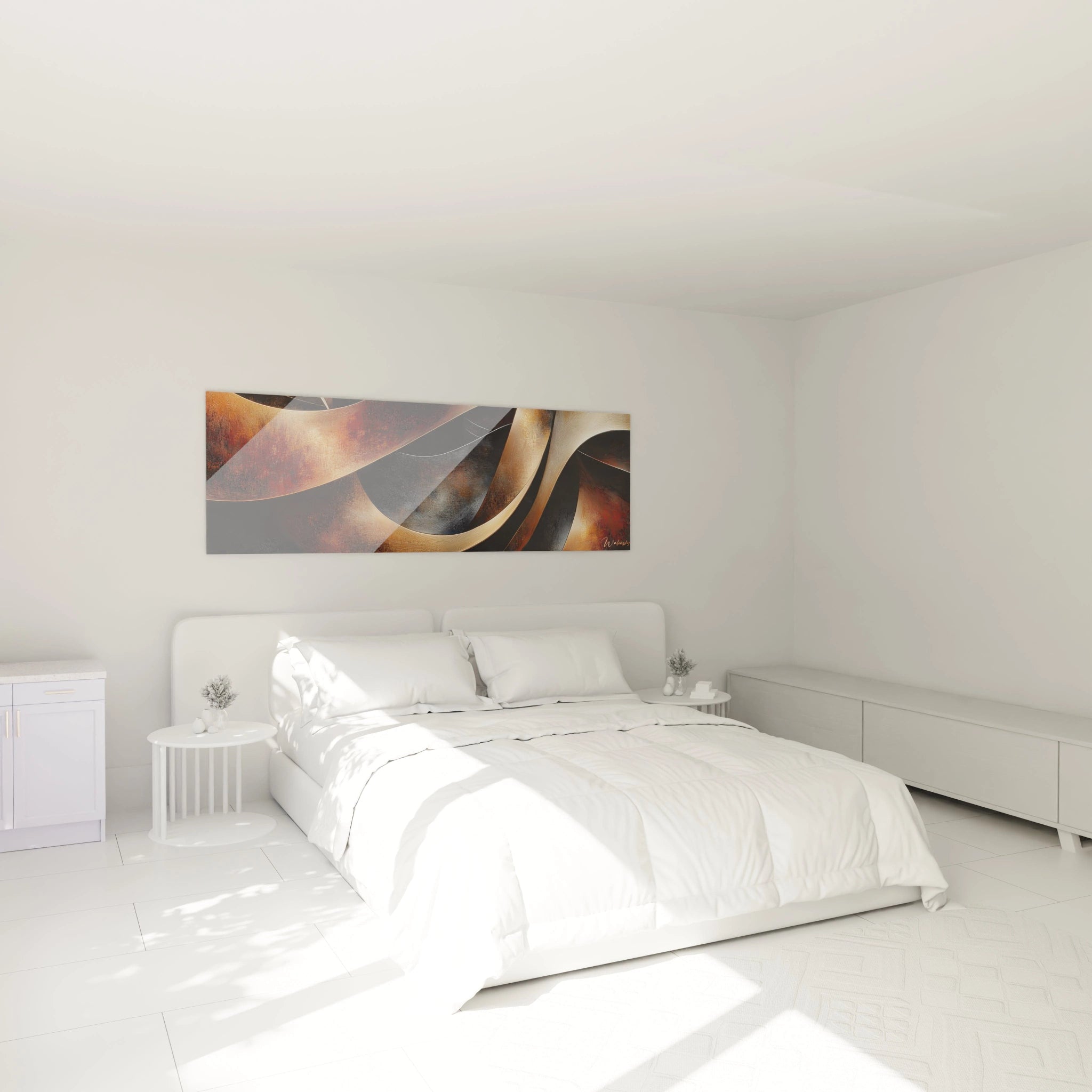 Tableau moderne abstrait Walensky avec des formes ondulées dans des tons bronze, parfait pour décorer un salon
