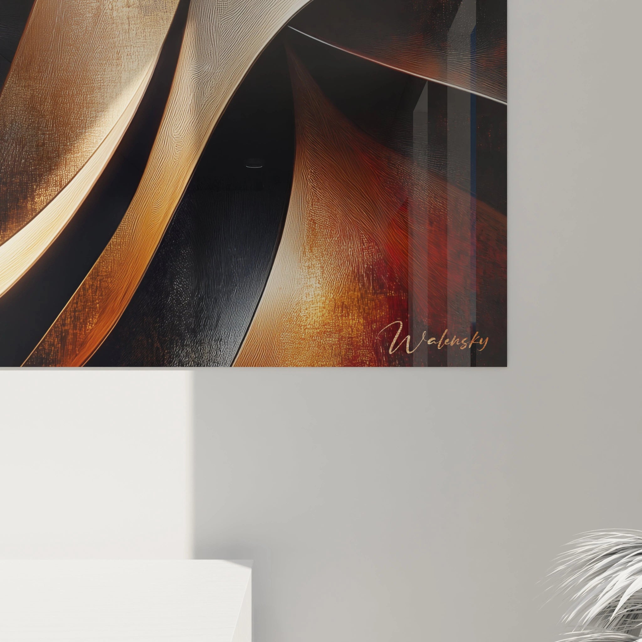 Tableau moderne abstrait de Walensky avec des formes ondulées en or et noir pour une décoration contemporaine