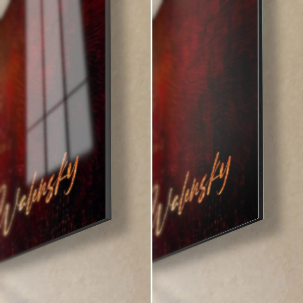 Wall art with abstract copper and black waves, bottom right corner, glossy acrylic glass on the left, matte aluminium Dibond on the right, 3 mm edge