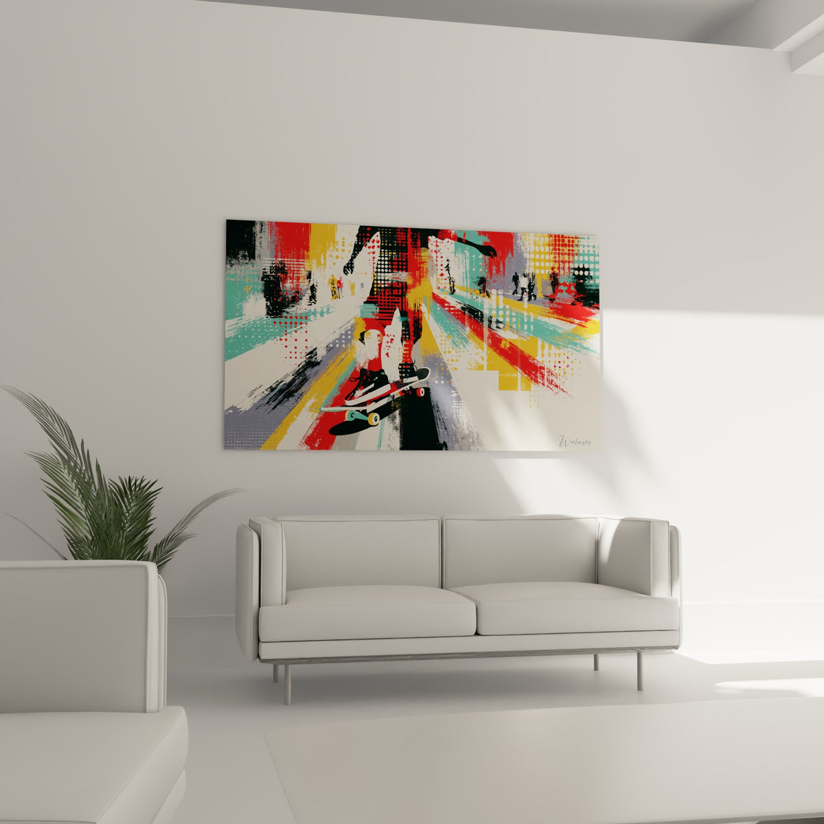 Composition urbaine anthracite et turquoise représentant un skateur, au-dessus d'un canapé dans un salon lumineux