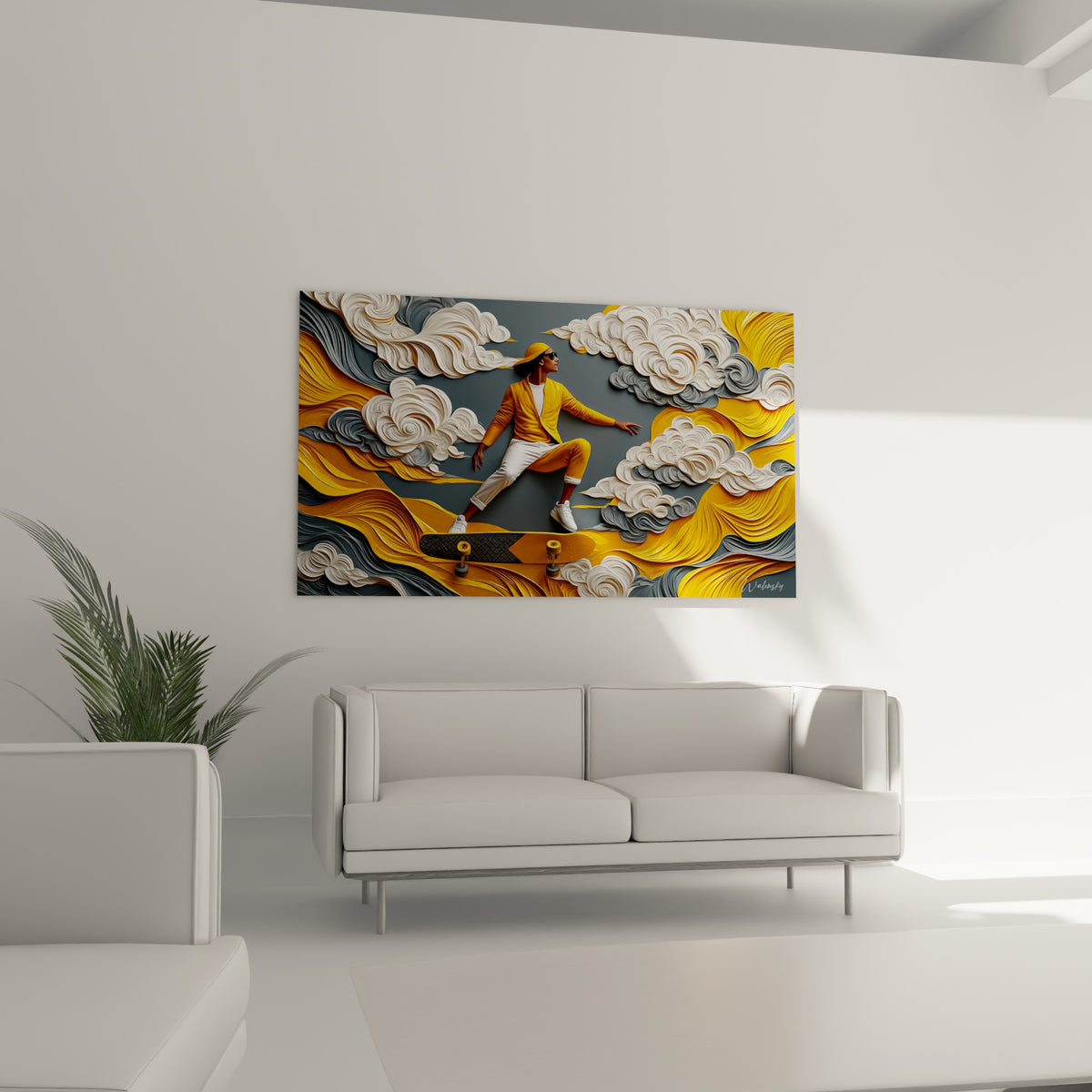 Figure jaune en équilibre sur planche, nuages crème sculptés, au-dessus d'un canapé dans un salon lumineux