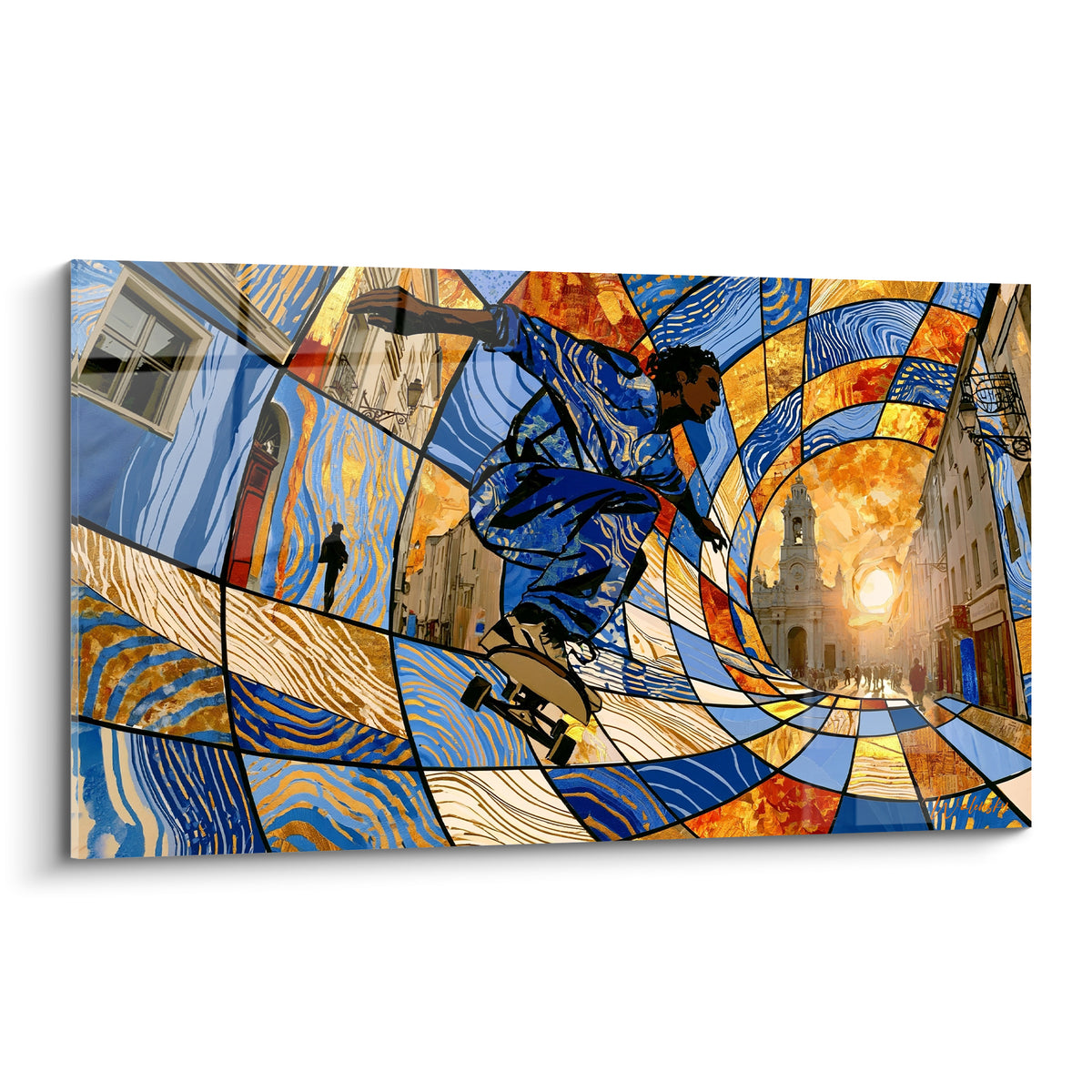 Skateur bleu marine en saut sur fond doré fragmenté façon vitrail urbain