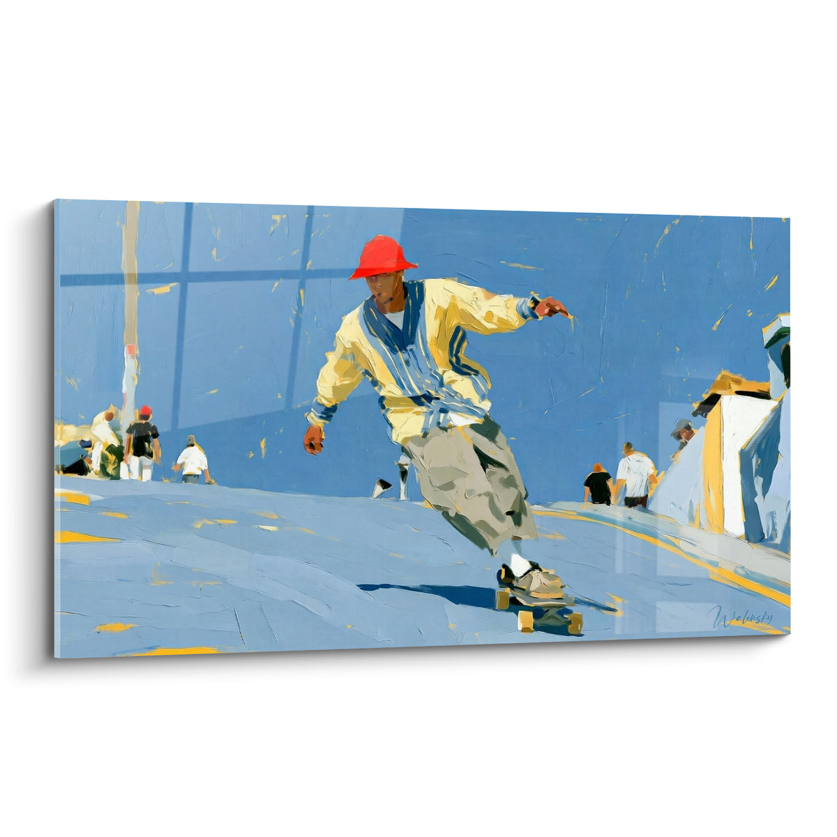 Skateur en bonnet rouge et blouson jaune dévalant une rampe bleu ciel peinte à l'huile