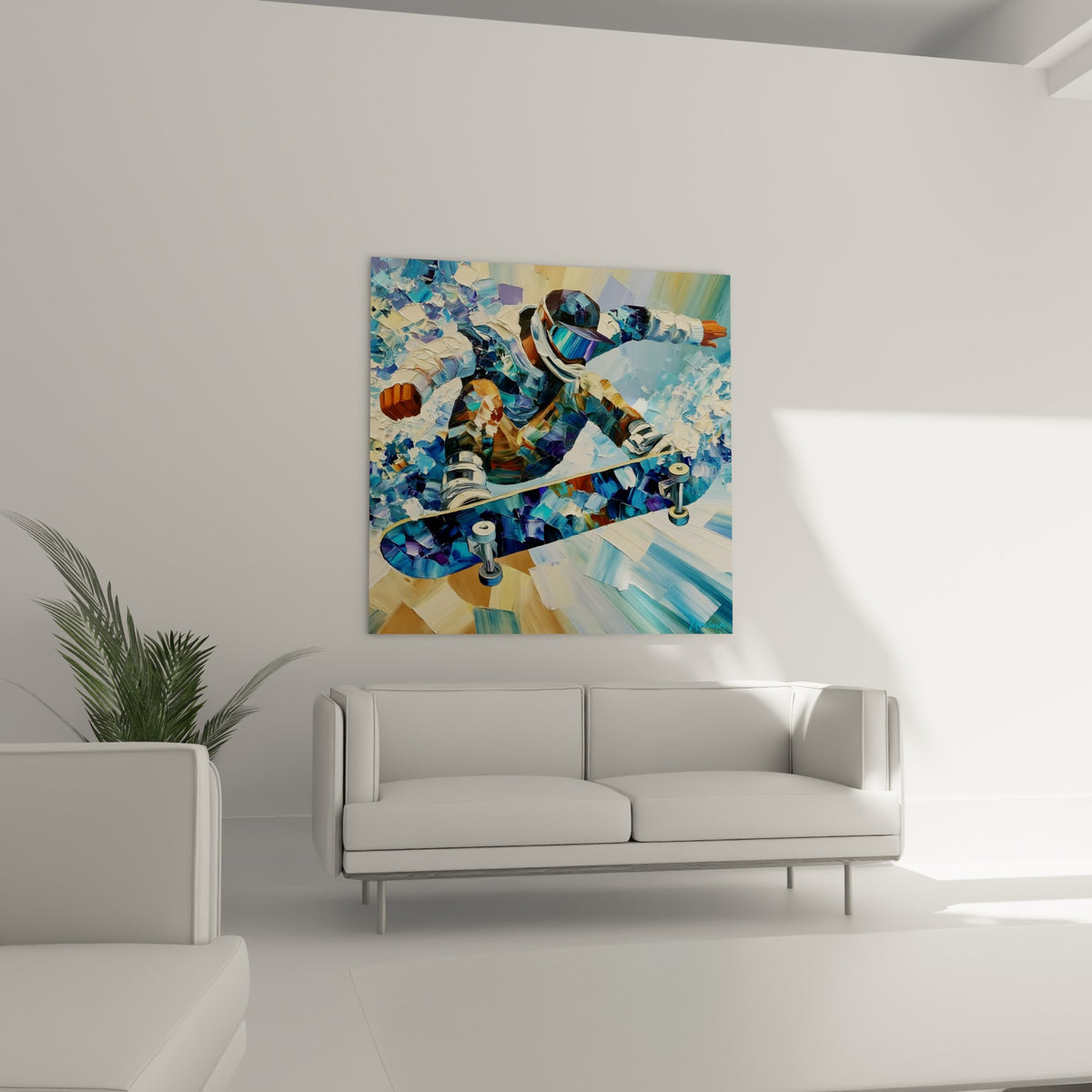 Sauteur en skateboard aux tons bleu marine et blanc cassé, au-dessus d'un canapé dans un salon lumineux