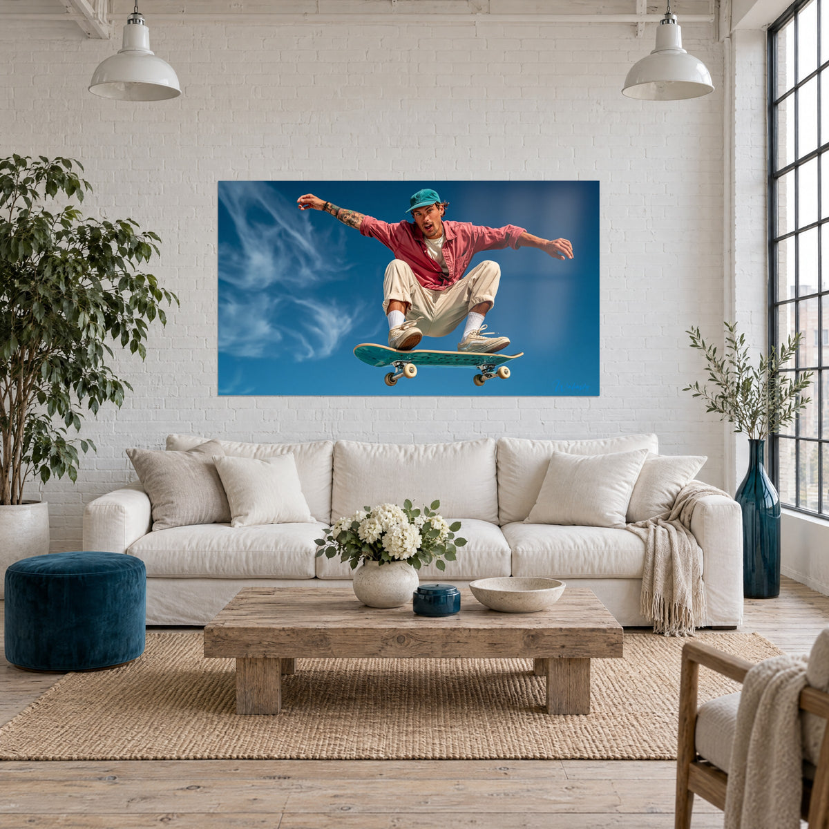 Skateboard turquoise suspendu en plein vol au-dessus d'un lit dans une chambre claire