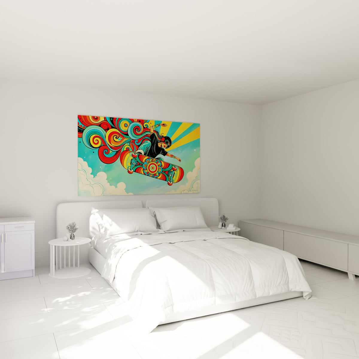 Sauteuse de skateboard aux tourbillons rouge et turquoise, accrochée au-dessus d'un lit dans une chambre claire