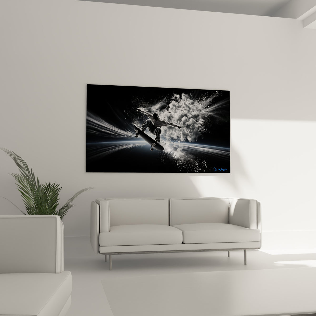 Figure en plein saut sur planche à roulettes, fumée blanche et noir intense, au-dessus d'un canapé dans un salon lumineux