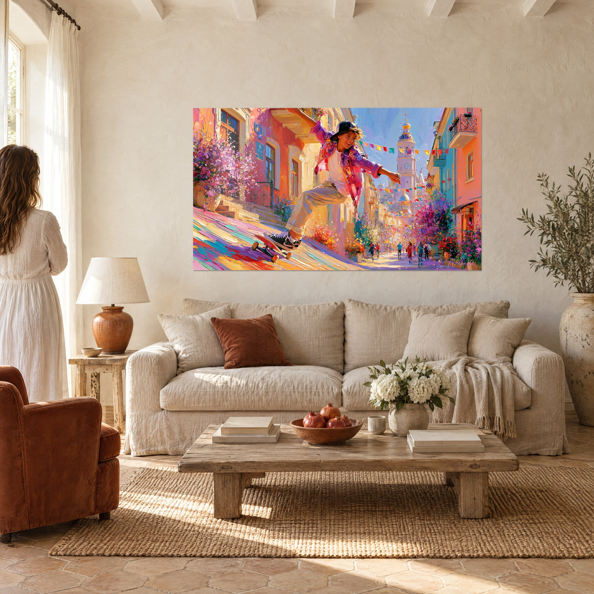 Wall art of a skater leaning forward mid-motion, pink jacket and beige trousers, pink and orange flowered alley, above a sofa in a bright living room