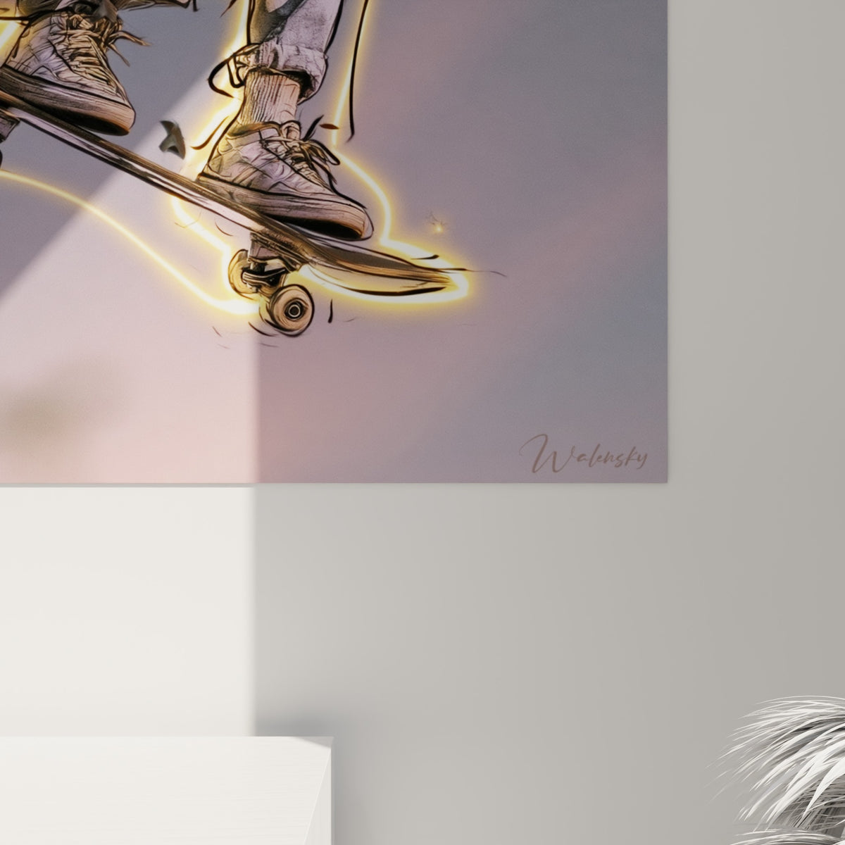 Détail du trait doré lumineux et du grain gris anthracite sur cette impression de skateur en saut