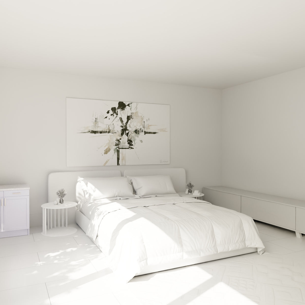 Silhouette de skateur aux teintes beige et grises accrochée au-dessus d'un lit dans une chambre claire