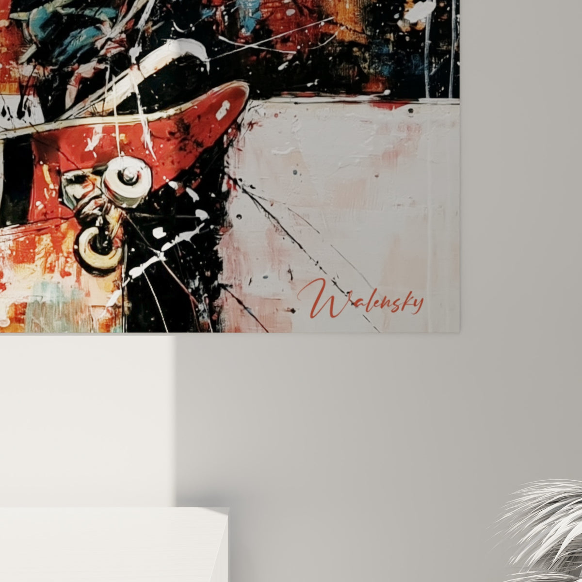 Coulures blanches et éclaboussures noires sur fond rouge et ocre, matière expressive du tableau skateboard