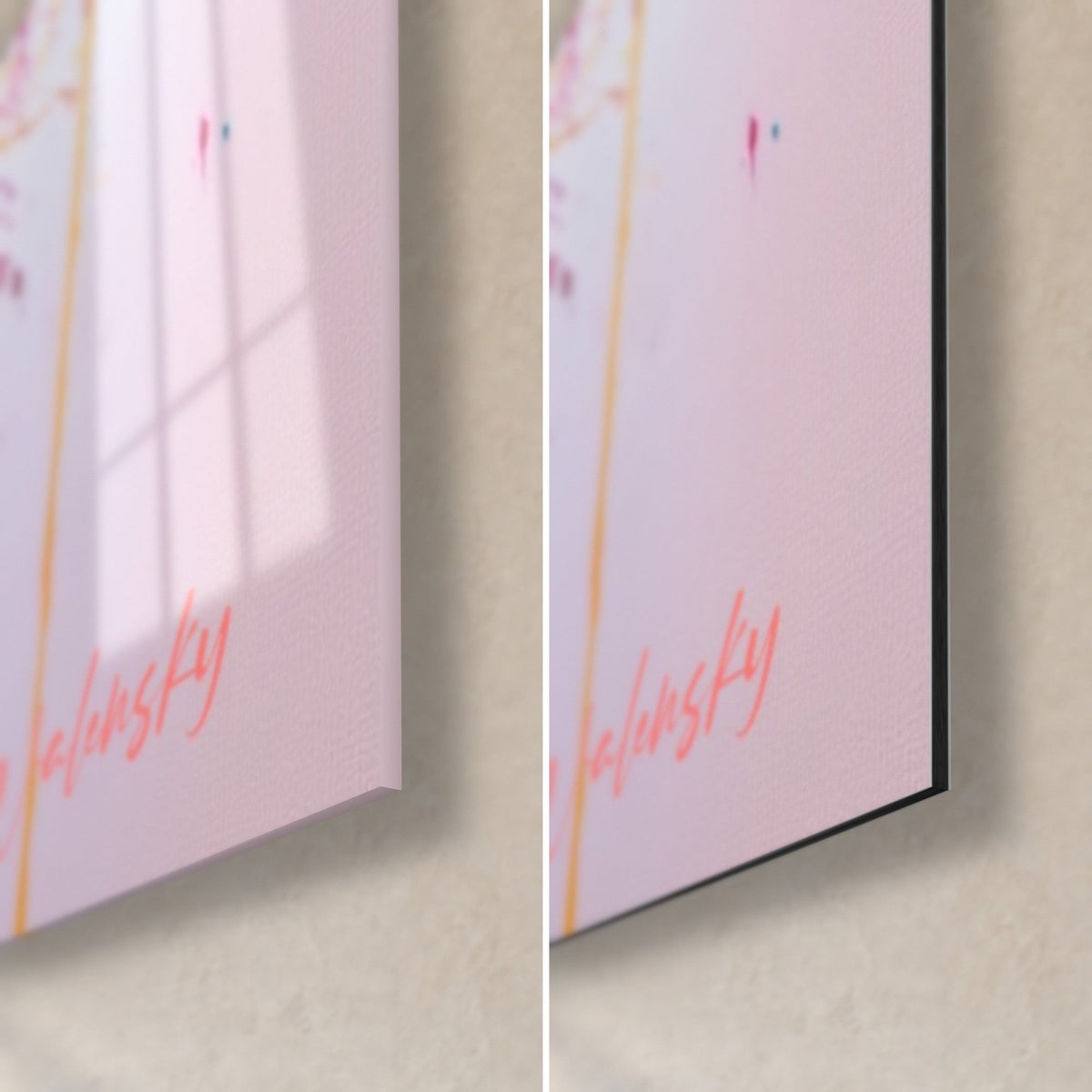 Tableau skateur en envol, coin bas droit : verre acrylique brillant à gauche, alu Dibond noir mat à droite, fond rose pâle, tranche de 3 mm