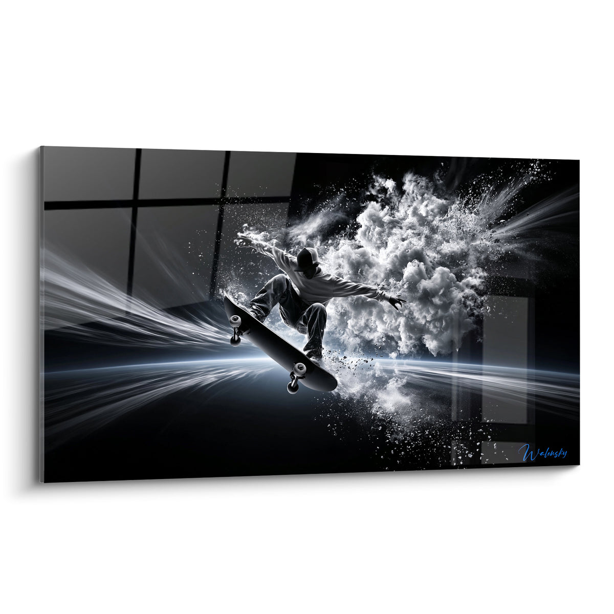 Skateur en noir et blanc happé par une explosion de fumée blanche et filaments bleus