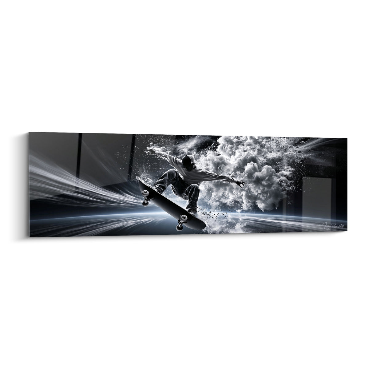 Skateur suspendu en noir et blanc, planche noire, explosion de fumée grise et blanche derrière lui