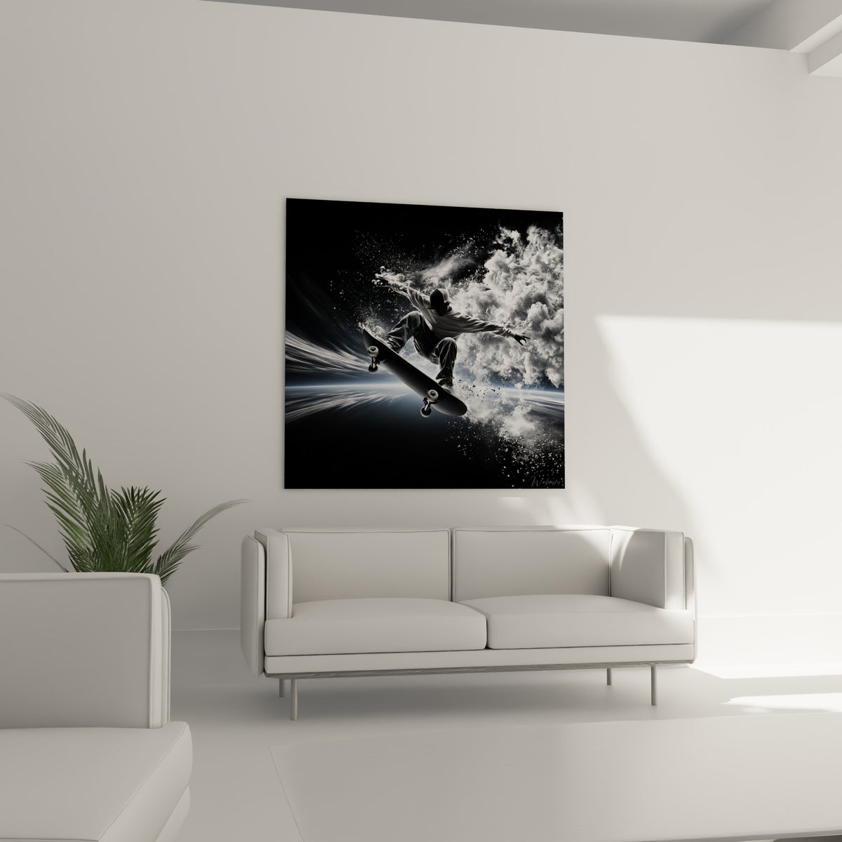 Figure sombre en équilibre sur planche à roulettes, nuage blanc dense, au-dessus d'un canapé dans un salon lumineux