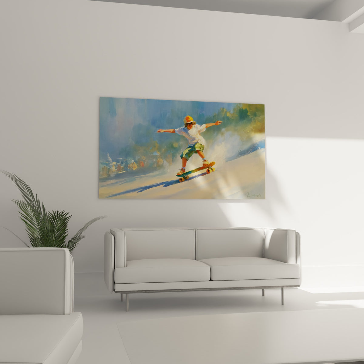 Silhouette dynamique du skateur bras écartés, tons ocre et bleu marine, au-dessus d'un canapé dans un salon lumineux