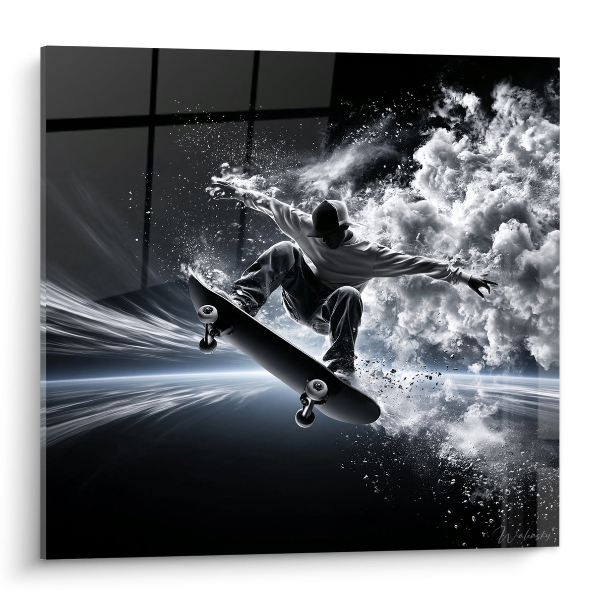 Skateur en plein saut noir et blanc, fumée blanche explosive, planche anthracite en mouvement