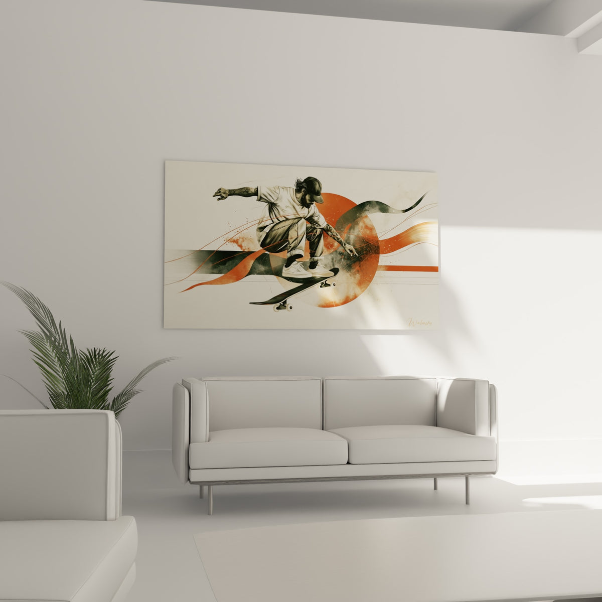 Geste figé d'un skateur bras tendu, palette terracotta et anthracite, au-dessus d'un canapé dans un salon lumineux
