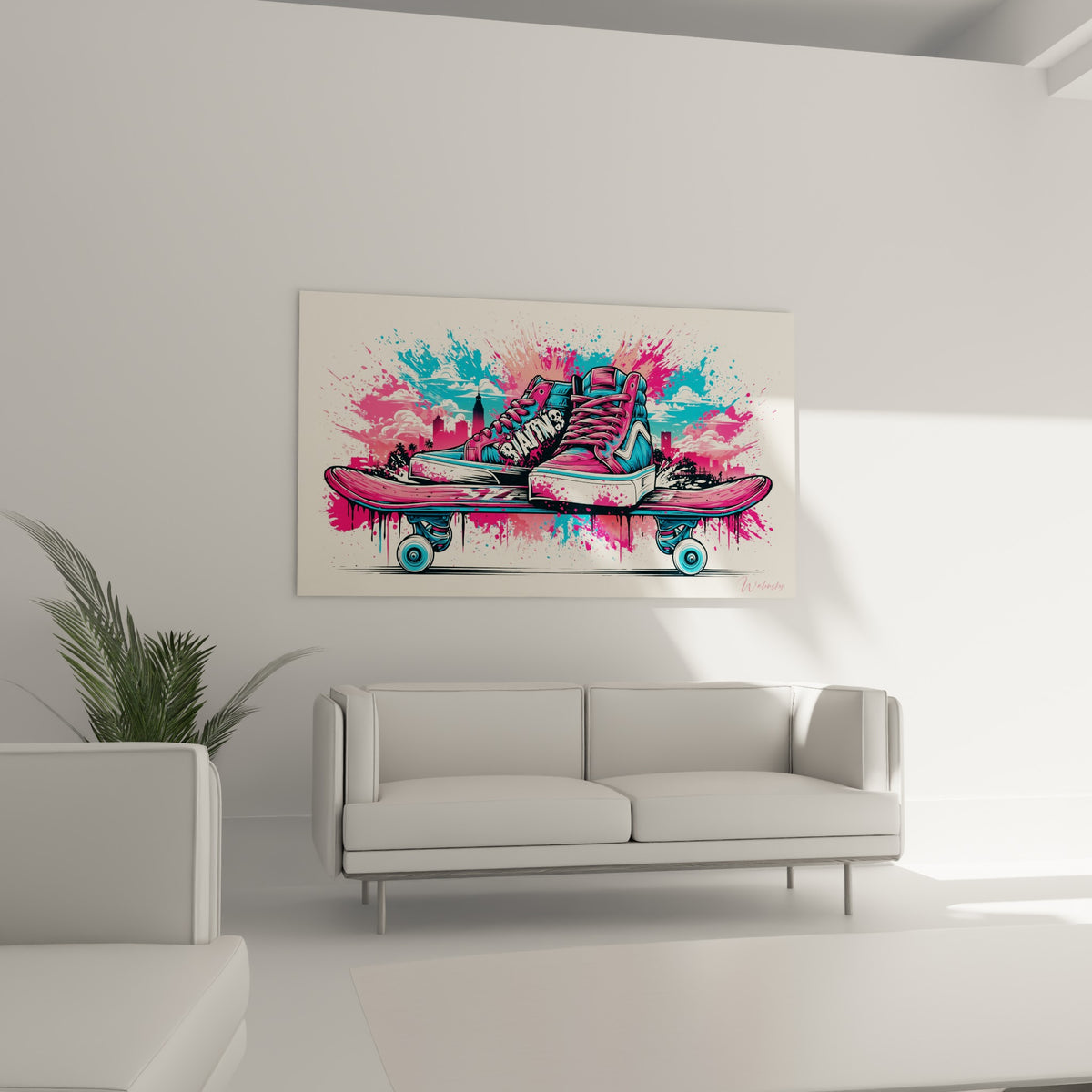 Sneakers roses et bleu marine posées sur skateboard éclaboussé, au-dessus d'un canapé dans un salon lumineux