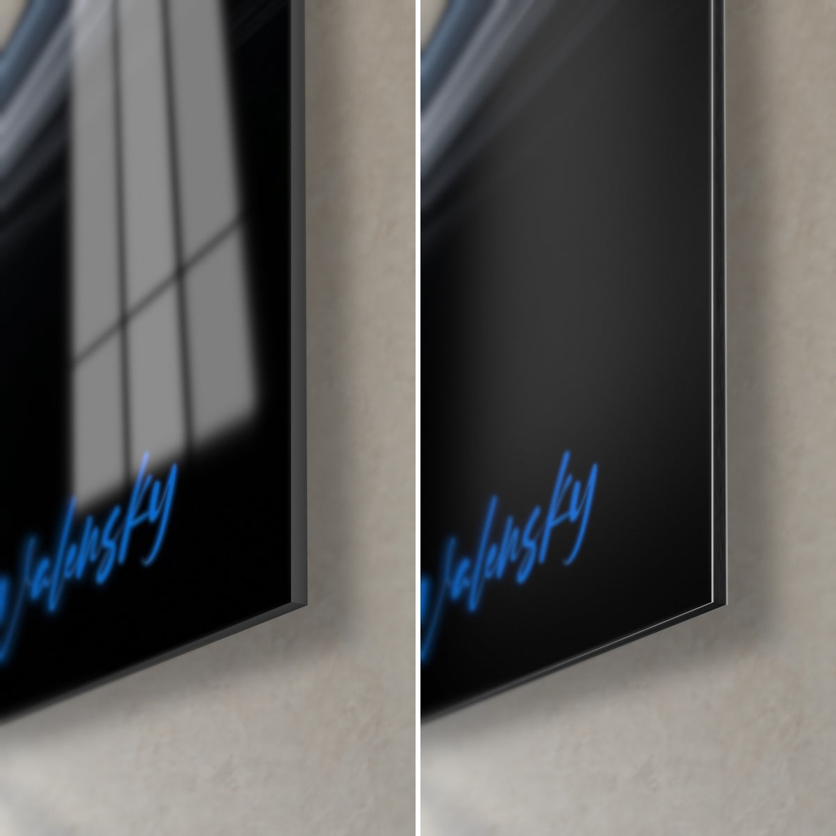 Détail des particules de poudre blanche et des filaments bleu électrique sur fond noir profond du tableau