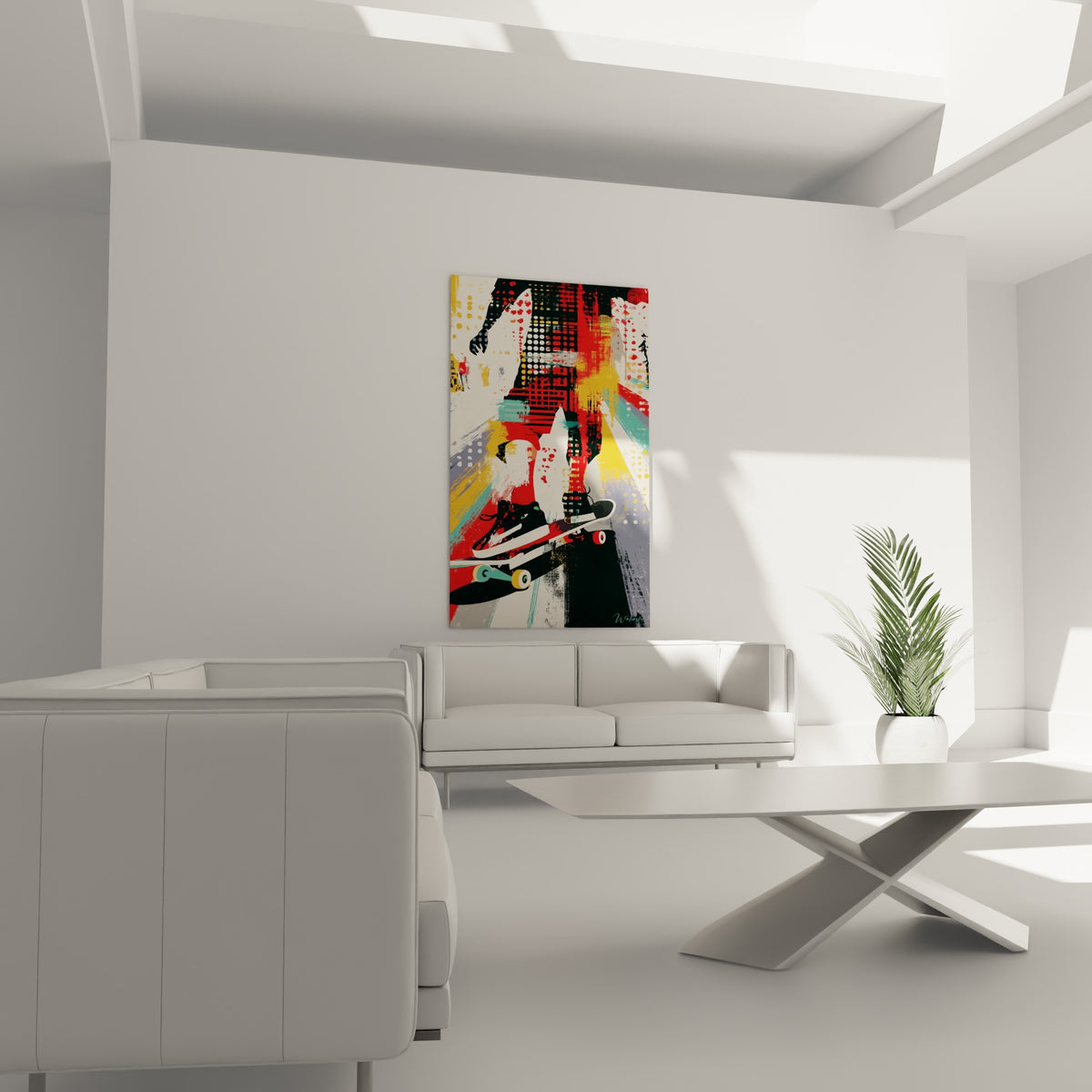 Composition urbaine rouge, noir et jaune d'un skateur suspendu, au-dessus d'un canapé dans un salon lumineux