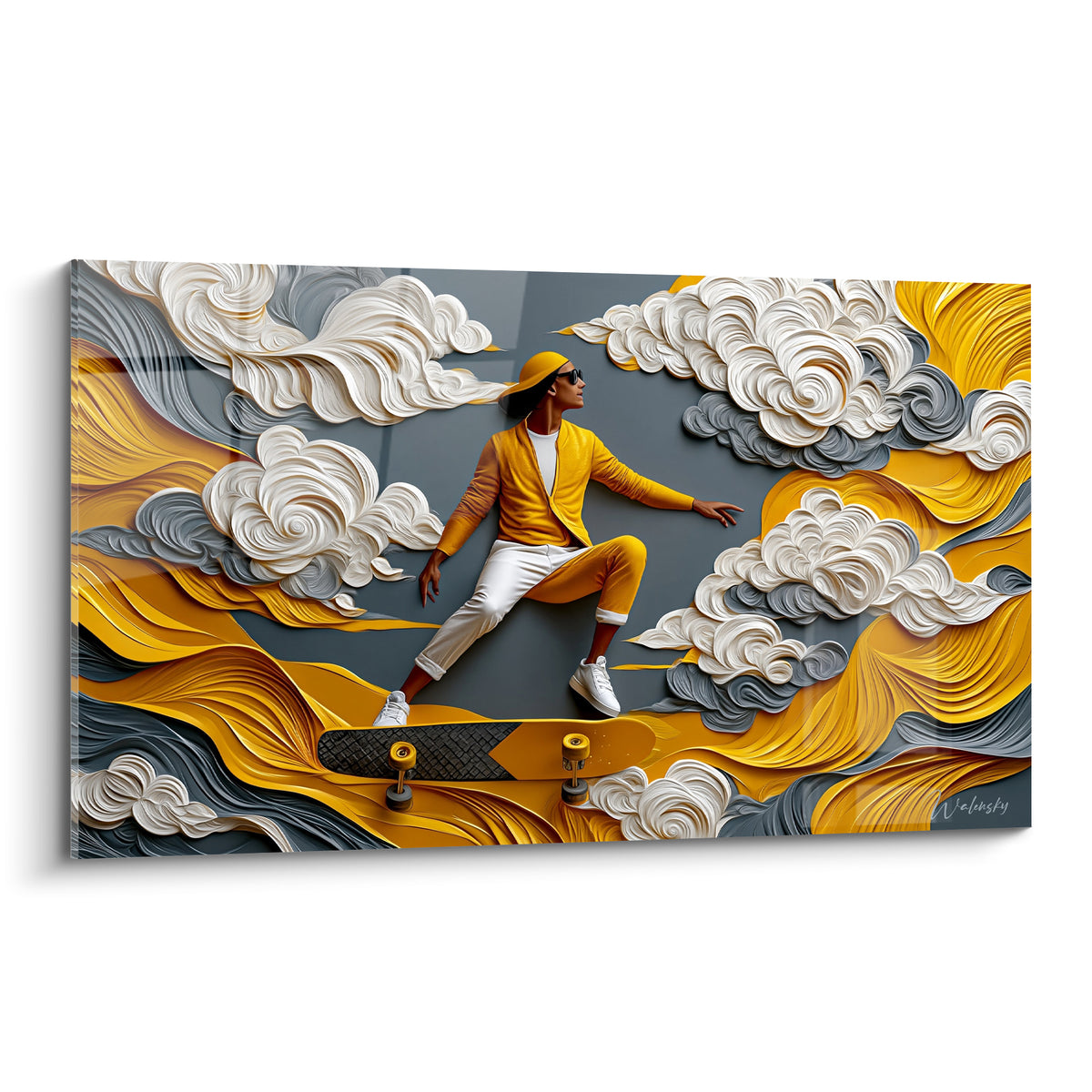 Skateur en jaune moutarde suspendu parmi des nuages sculptés blancs et anthracite