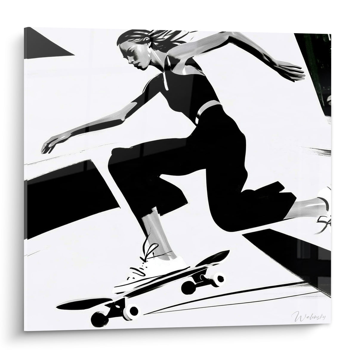 Skateuse en noir et blanc figée en plein saut, contraste marqué et geste graphique intense