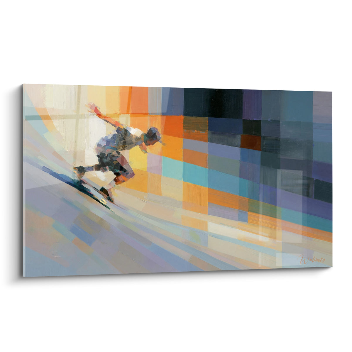 Skateur penché filant sur fond de carrés orange et bleu ardoise, style pictural expressif