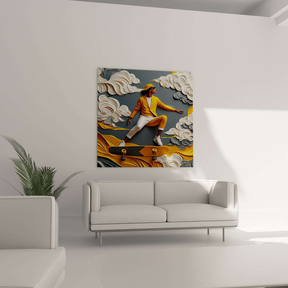 Silhouette jaune moutarde entourée de nuages blancs sculptés, au-dessus d'un canapé dans un salon lumineux