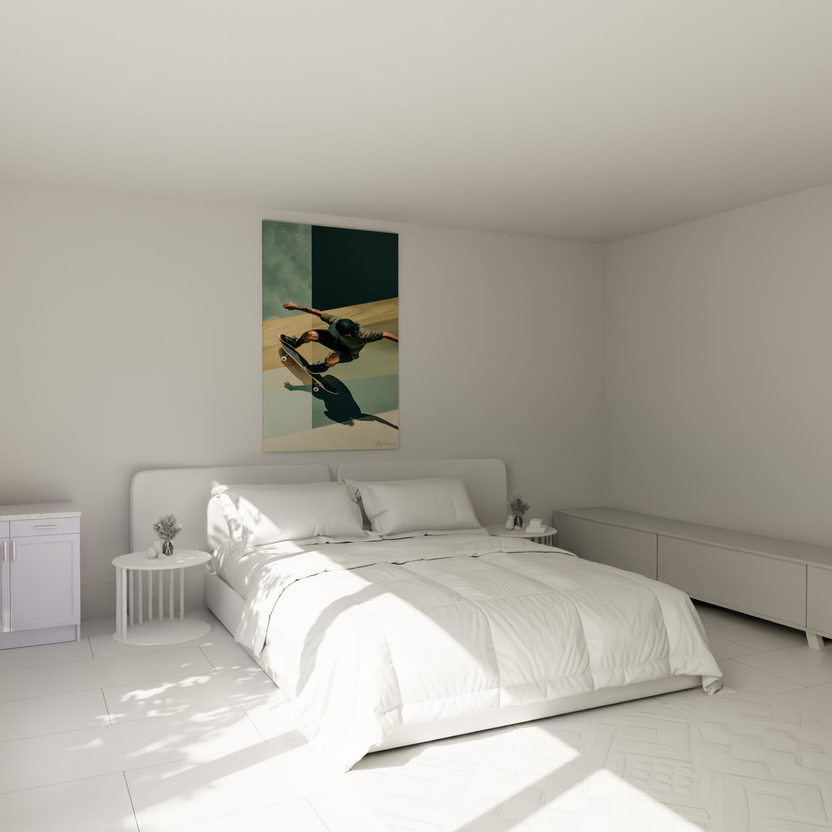 Rider en équilibre sur planche noire, tableau skateboard sable et kaki au-dessus d'un lit dans une chambre claire