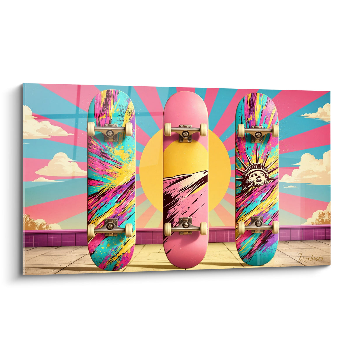 Trois skateboards roses turquoise et jaunes devant un fond solaire rayonnant