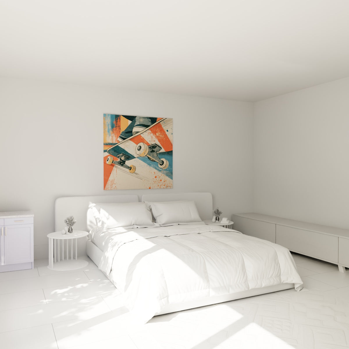 Planche de skateboard orange et bleu marine capturée en plein saut, au-dessus d'un lit dans une chambre claire