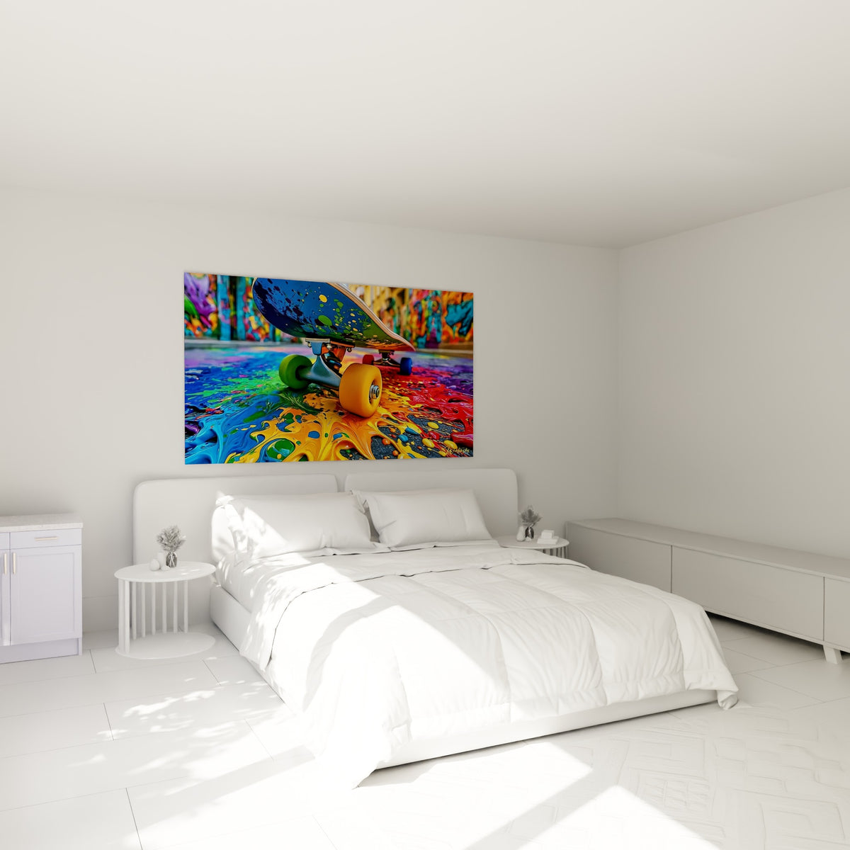 Planche de skateboard violette et orange éclaboussée de peinture, accrochée au-dessus d'un lit dans une chambre claire