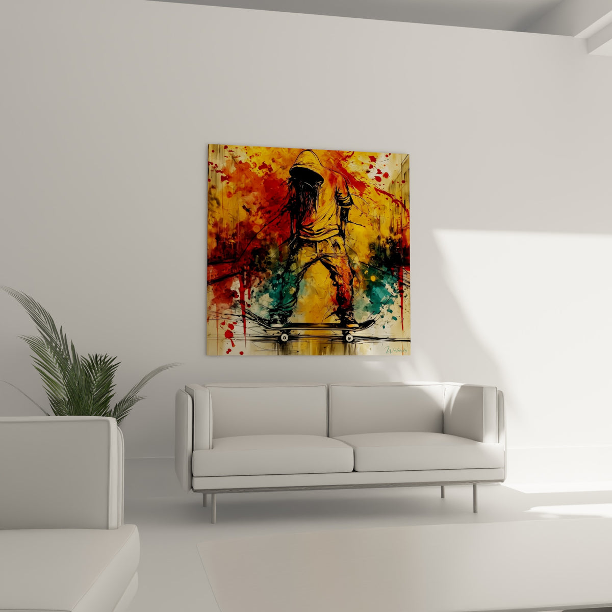 Personnage encapuchonné rouge sang et doré en pleine glisse, au-dessus d'un canapé dans un salon lumineux