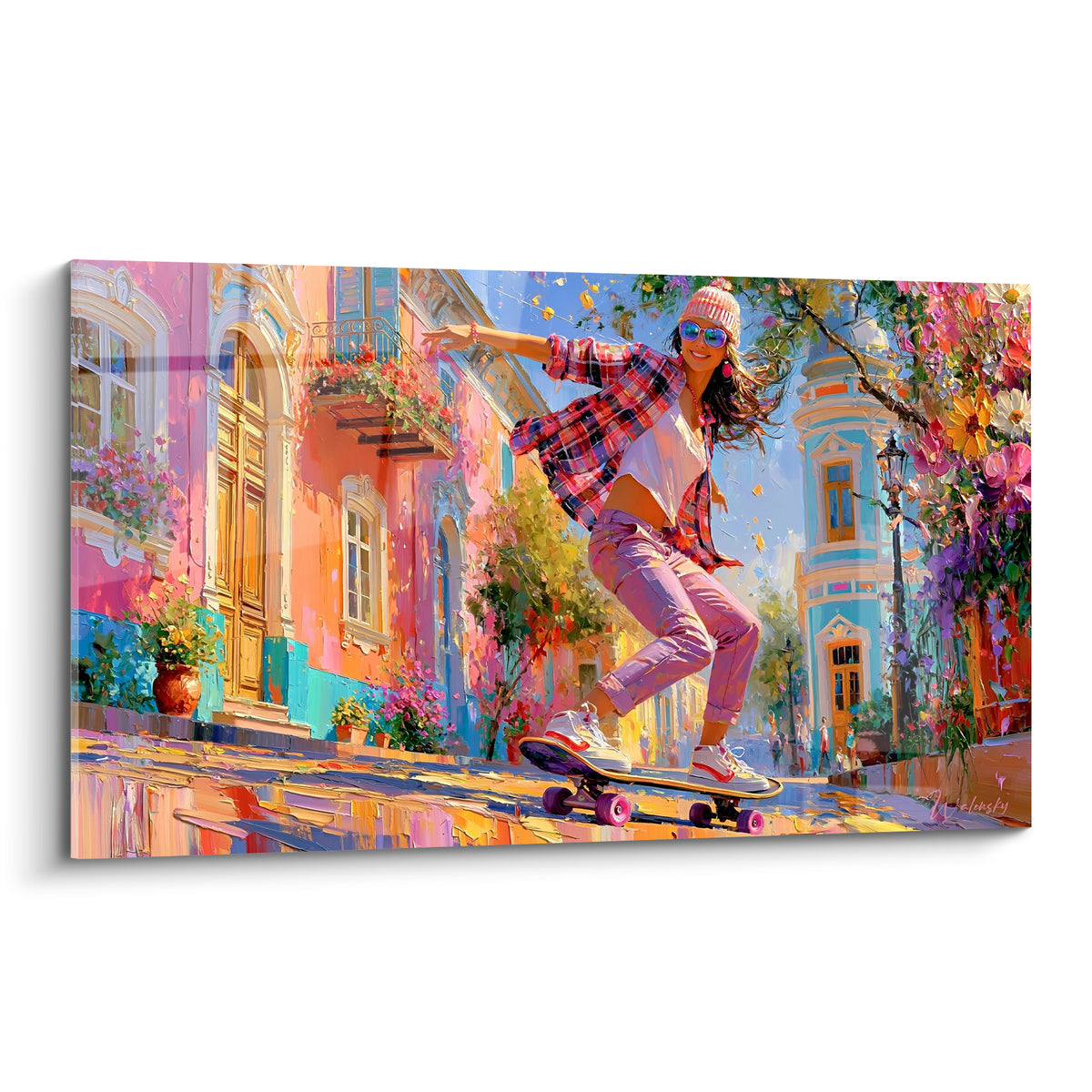 Skateuse rose et bleu turquoise glissant dans une ruelle fleurie colorée