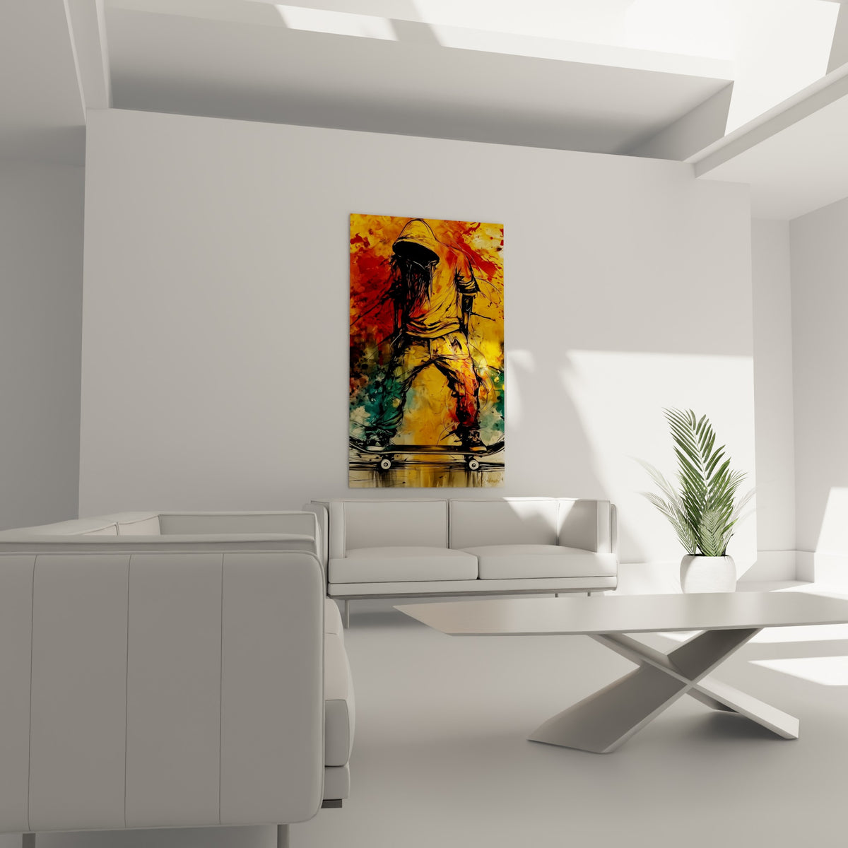 Figure encapuchonnée sur planche, éclats rouges et dorés, au-dessus d'un canapé dans un salon lumineux